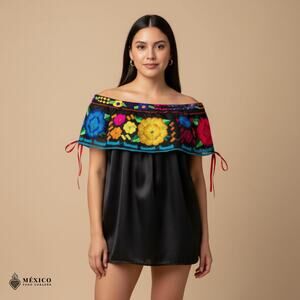 Black Mexican Chiapaneca Blouse – Satin Floral Embroidered Olan Top